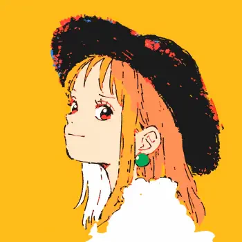 Anime avatar of Nami (One Piece): profile view with orange hair, black hat and green earring on a bright yellow background.