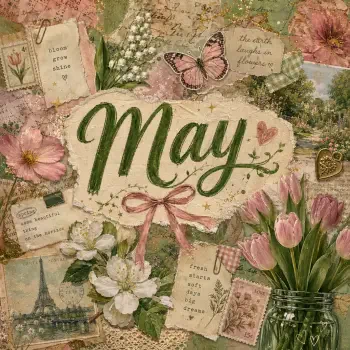 Forum avatar/pfp: vintage floral collage centered on May in green script, with tulips, blossoms, a butterfly and handwritten ephemera in soft pinks and greens.
