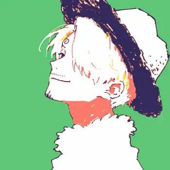 Forum avatar of Sanji from One Piece — anime-style profile: blond hair under a wide-brim hat, curled eyebrow, fluffy collar and flat green background.