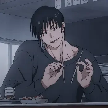Anime avatar of Toji Fushiguro from Jujutsu Kaisen 2nd Season, smirking as he casually snaps chopsticks at a table.