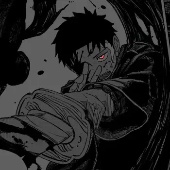 Black-and-white Kagurabachi manga forum avatar: intense young warrior with a glowing red eye, clutching a bloodied sword amid swirling shadows.