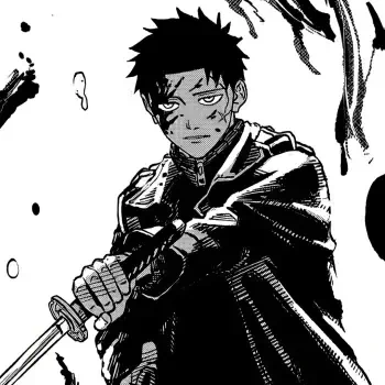 Manga Kagurabachi character holding a katana, blood-splattered face and battle-worn cloak — forum avatar/pfp.