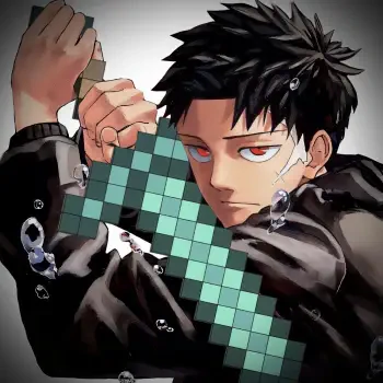 Anime Kagurabachi character gripping a pixelated Minecraft sword, intense gaze — forum avatar/pfp.
