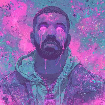 Purple-pink stylized forum avatar of a rapper with paint dripping from his eyes, wearing a hoodie and chains, conveying a 'drip' fashion and music-themed profile portrait.