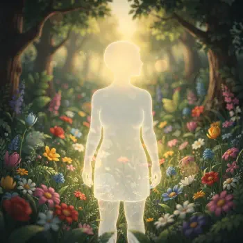 Translucent glowing humanoid silhouette in a sunlit forest clearing surrounded by colorful flowers — stylized forum avatar/pfp/profile photo.