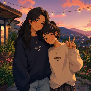 Anime-style forum avatar of two sisters on a rooftop at sunset: taller sister with long dark hair has an arm around the shorter, who winks and flashes a peace sign; both wear sister sweatshirts.