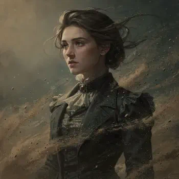 Victorian-era forum avatar: painterly portrait of a young woman in a high-collared dark dress, windblown hair, and a resolute expression against a moody, textured background.