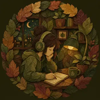 Lofi forum avatar/pfp: cozy illustration of a person in headphones writing by a desk lamp, mug nearby, moonlit window and autumn leaf wreath framing the scene.
