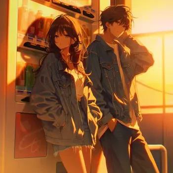 Anime couple leaning by a vending machine in golden-hour light, warm glow and casual denim — stylized forum avatar/profile photo.