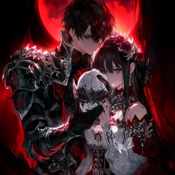 Dark gothic anime forum avatar: a matching prince and princess in ornate black-and-red armor and gown, the princess holding a decorative mask beneath a blood-red moon.