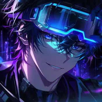 Forum avatar: sci‑fi anime boy with glasses and a glowing VR visor, dark tousled hair and piercing blue eyes against a neon cyberpunk backdrop.