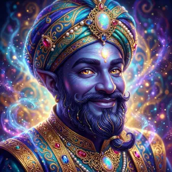 Colorful blue-skinned genie with jeweled turban, curled beard and swirling magical aura — a stylized forum avatar/profile photo (pfp).