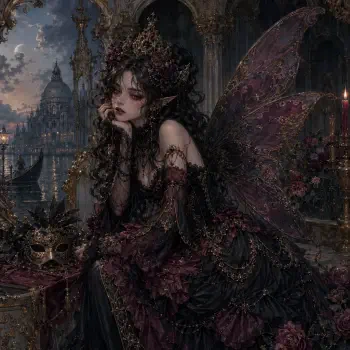Gothic fairy in dark lace gown and crown, rose‑strewn wings, brooding by candlelit gothic cityscape — stylized forum avatar/pfp.