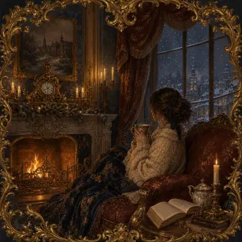 Cozy winter pfp/forum avatar: person in a chunky sweater cradling a mug by a roaring fireplace, candlelit antiques and an open book, snowy cityscape visible through the window.