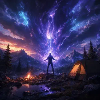 Forum avatar/pfp: silhouetted camper raises arms as purple lightning erupts overhead, a glowing tent and campfire beside them at a mountain night campsite.