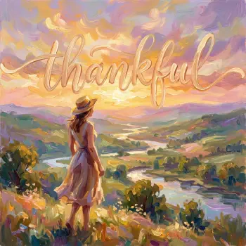 Forum avatar: painted woman in a dress and hat stands on a hill at sunset, overlooking winding rivers and colorful fields, thankful scripted across the sky.