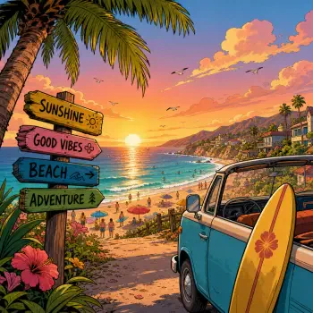 Summer forum avatar/pfp: vibrant sunset beach scene with palm trees, a surfboard-topped van, and a colorful signpost reading Sunshine, Good Vibes, Beach, Adventure.