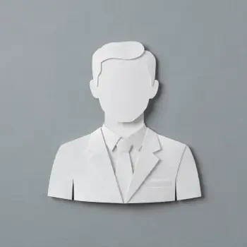 Paper-cut white silhouette in suit and tie on gray background — forum avatar/profile photo representing a lawyer.
