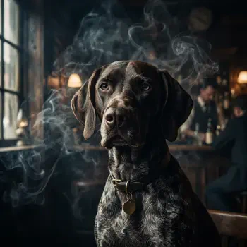 Forum avatar of a German Shorthaired Pointer wearing a collar, sitting attentively in a dim, smoky pub interior.
