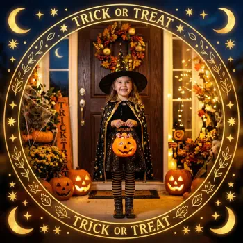 Forum avatar showing a smiling child in a witch costume holding a jack‑o'‑lantern on a pumpkin-lit porch, framed by a circular Trick or Treat border.