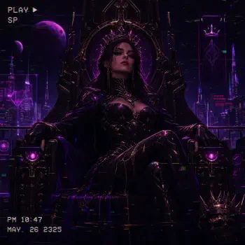 Sci-fi queen forum avatar: regal woman on a cybernetic throne, neon purple cityscape and moons behind, wearing a dark armored crown and high-tech jewelry.