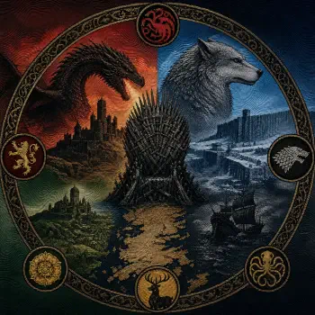 Game of Thrones forum avatar/pfp: circular emblem with the Iron Throne at center, Targaryen dragon, Stark direwolf, Lannister lion and other house sigils over divided landscapes.