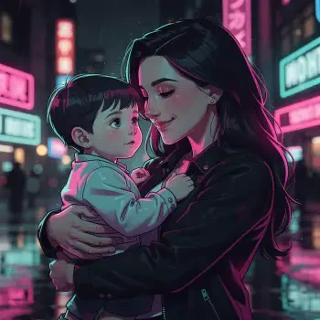Mother's Day forum avatar: illustrated mother holding her child in a neon-lit city street, warm embrace and gentle smile.