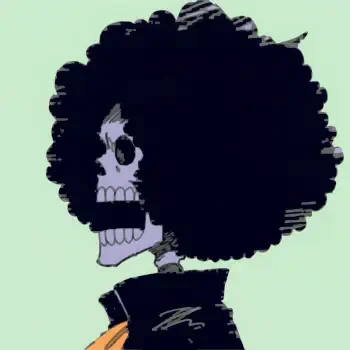 Forum avatar/pfp of One Piece anime character Brook — a skeletal musician with a large afro in side profile, pastel background, designed as a stream profile image.
