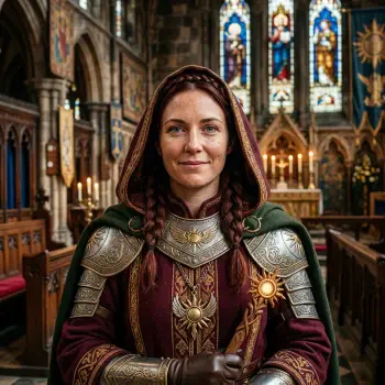 Forum avatar of a cleric: hooded woman with braided hair in ornate armor bearing a sun emblem, standing in a candlelit church with stained-glass windows.