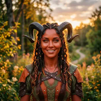 Forum avatar: smiling tiefling with curled horns, braided hair, bronze skin and leather armor, lit by a golden sunset in a forest path.