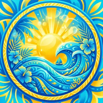 Vibrant circular summer forum avatar: stylized sun over rolling blue ocean waves, hibiscus flowers and palm leaves in bright yellow and aqua.