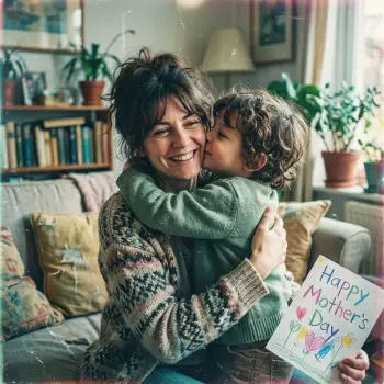 Mother's Day forum avatar/profile photo: smiling mother hugged and kissed by her child who holds a handmade Happy Mother's Day card in a cozy, plant-filled living room.
