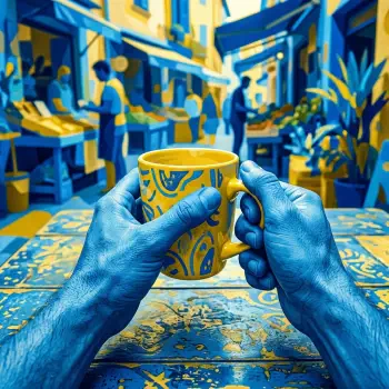 POV profile avatar/pfp: blue-painted hands hold a yellow patterned mug over a matching blue-and-yellow street market scene, vendors and stalls softly blurred.