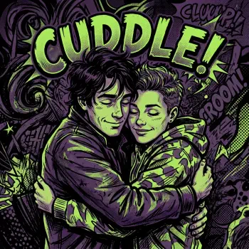 Profile avatar of two characters cuddling in neon-green and purple comic style, smiling and embracing warmly.