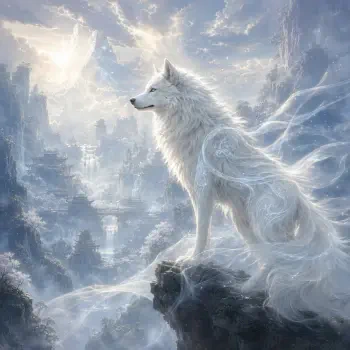 White ethereal wolf stands on a misty cliff beneath celestial light, stylized artwork used as a forum avatar/pfp profile photo.