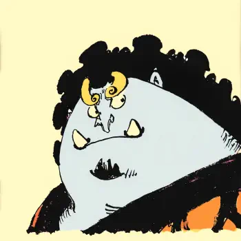 Anime forum avatar/pfp of Jinbe (One Piece): stylized close-up of his blue face with tusks, curled forehead markings and dark hair against a pale background.