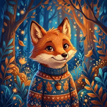 Stylized forum avatar/profile photo of a woodland creature fox in a patterned sweater, smiling amid a glowing, leafy forest.