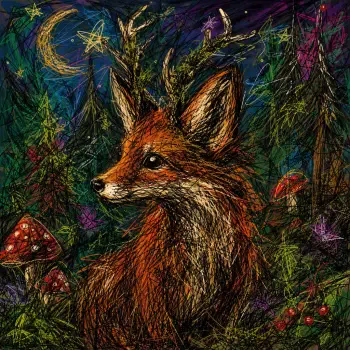 Stylized fox woodland creature amid a starry, mushroom-strewn forest, rendered as a vibrant forum avatar/pfp.