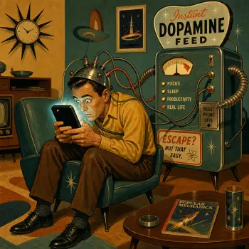 Forum avatar: retro illustration of a man wired to an Instant Dopamine Feed machine, staring at his phone — satirical commentary on phone addiction.