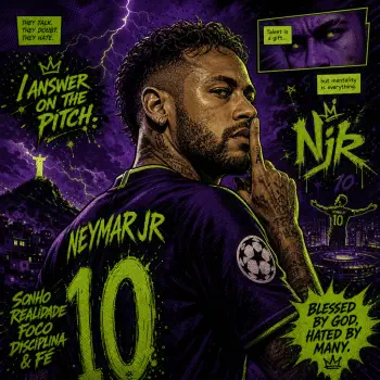 Comic-book style forum avatar of a bearded soccer player in a purple neon-green #10 jersey, finger to lips, lightning skyline and graffiti text — bold, dramatic profile pfp.