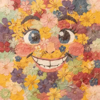Forum avatar/pfp: smiling cartoon face composed of pressed flowers in pastel yellows, pinks, purples and blues.