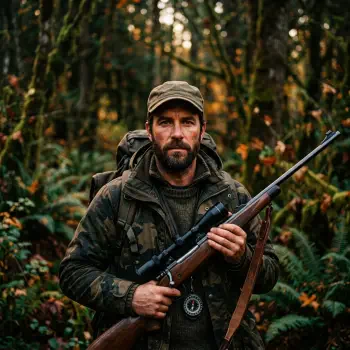 Forum profile photo of a bearded hunter in camouflage and a cap, holding a scoped rifle while standing in a dense, mossy forest.