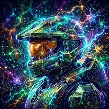 Vibrant Halo-style Spartan helmet portrait with neon circuitry and electric cosmic background, rendered as a striking forum avatar/pfp.