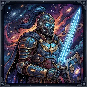 Forum avatar/pfp of a space knight: armored cosmic warrior wielding a glowing blue energy sword and star-emblazoned shield against a swirling galaxy backdrop.