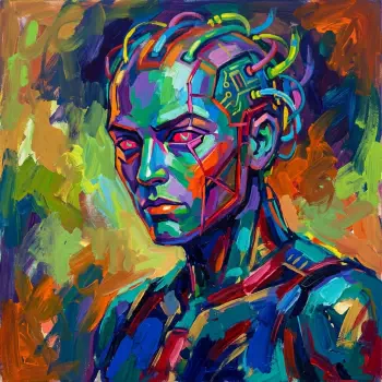 Vibrant painted Synthoid portrait in neon colors, stylized robotic head with circuits and glowing eyes, presented as a forum avatar/pfp/profile photo.