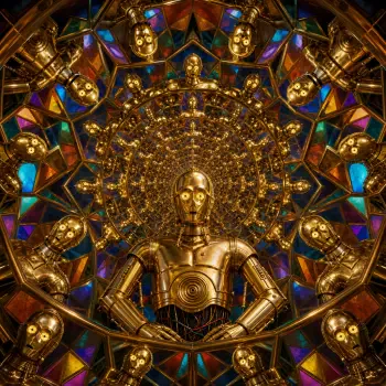 C-3PO forum avatar: golden protocol droid centered within a kaleidoscopic stained-glass halo of repeating droid faces.