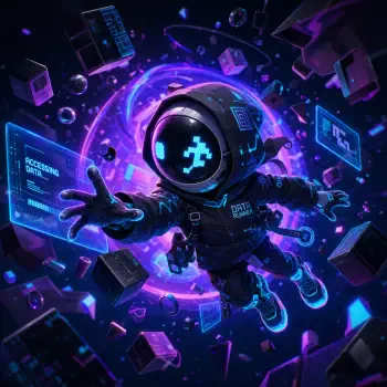 Data runner forum avatar: a neon-lit astronaut-like figure with a pixelated visor, floating through a purple-blue vortex of glowing data cubes and holographic screens.