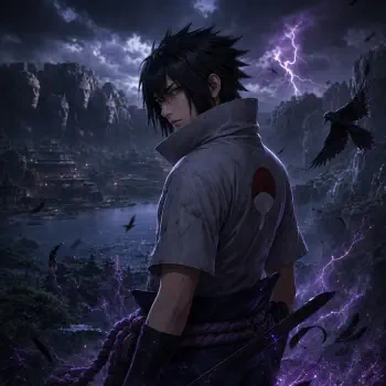 Forum avatar/pfp of Sasuke Uchiha: brooding three-quarter profile with Uchiha crest on his back, stormy cliffs, lightning flashes, crows and a purple chakra aura.