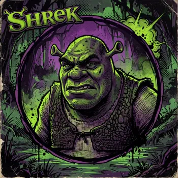 Stylized comic‑art portrait of Shrek in a circular frame, vivid green and purple tones with a grungy forest background, presented as a forum avatar/profile picture.