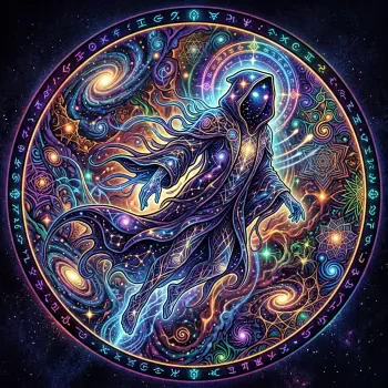 Forum avatar Void Walker: a hooded, star-speckled figure drifting through swirling galaxies and runic light inside a glowing circular sigil.